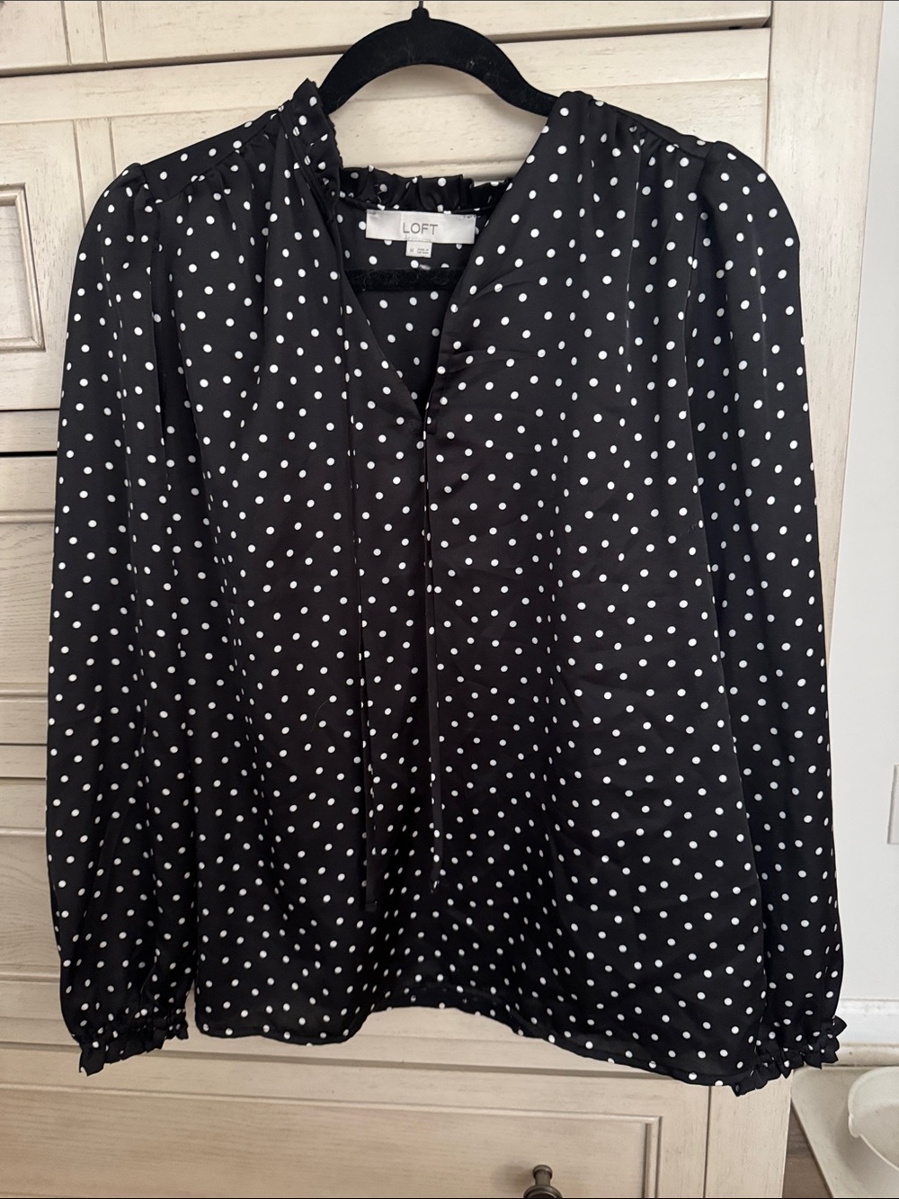 LOFT Black and White Polka Dot Long-Sleeve Blouse